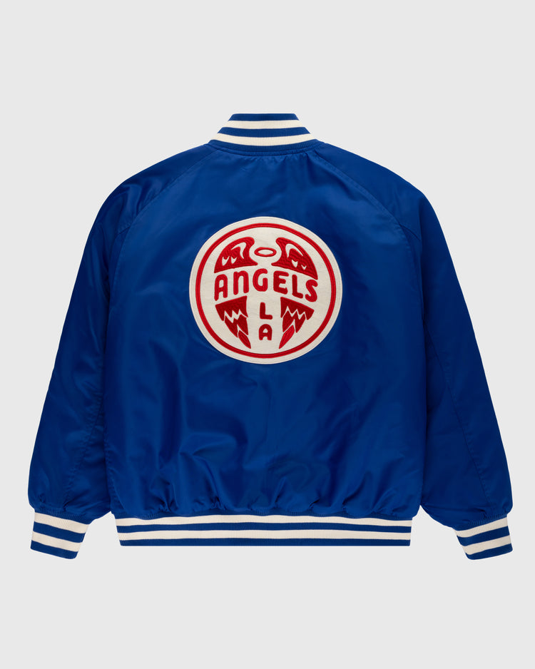The Ebbets Field Los Angeles Angels (PCL) Satin Varsity Jacket features royal blue satin, white striped cuffs and collar, and a bold red and white circular winged L.A. Angels logo on the back—a classic piece for any fan.