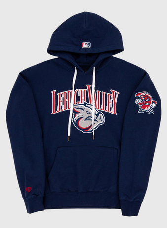 The Ebbets Field Lehigh Valley Ironpigs MiLB Cotton Hooded Sweatshirt is a navy hoodie with 