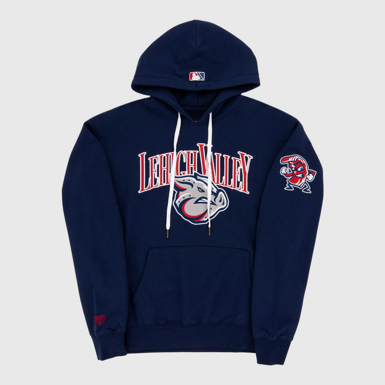 The Ebbets Field Lehigh Valley Ironpigs MiLB Cotton Hooded Sweatshirt is a navy hoodie with 