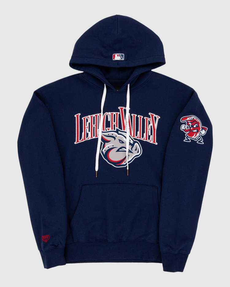 The Ebbets Field Lehigh Valley Ironpigs MiLB Cotton Hooded Sweatshirt is a navy hoodie with 