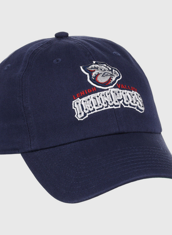 The Ebbets Field Lehigh Valley IronPigs MiLB Dad Ballcap is a navy blue baseball cap featuring an embroidered bulldog mascot, 