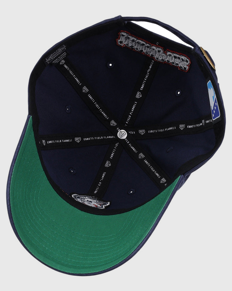 The underside of the Lehigh Valley Ironpigs MiLB Dad Ballcap by Ebbets Field features a green brim, black and white branded bands, sewn patches, and an official MLB logo on the inner panel.