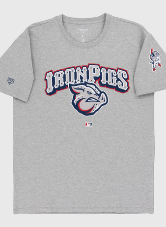 The Ebbets Field Lehigh Valley Ironpigs MiLB Fashion Cotton Short Sleeve Tee is a gray t-shirt with 