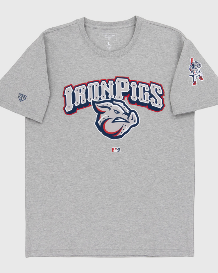 The Ebbets Field Lehigh Valley Ironpigs MiLB Fashion Cotton Short Sleeve Tee is a gray t-shirt with 
