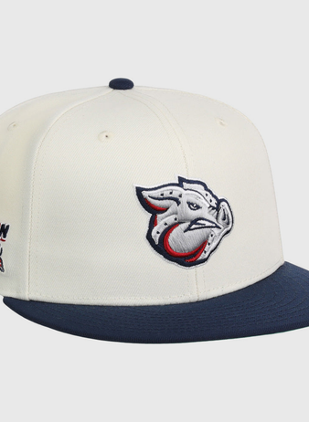 The Lehigh Valley Ironpigs MiLB Snapback Ballcap by Ebbets Field features a cream crown, navy brim, stylized pig logo on the front, and Bacon USA text with an American flag graphic on the side.