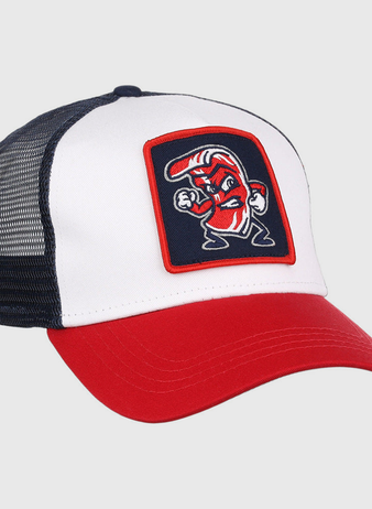 The Ebbets Field Lehigh Valley Ironpigs MiLB Trucker Ballcap features a white front, red brim, black mesh back, and a patch with a cartoon boxing bacon strip in red, white, and blue.