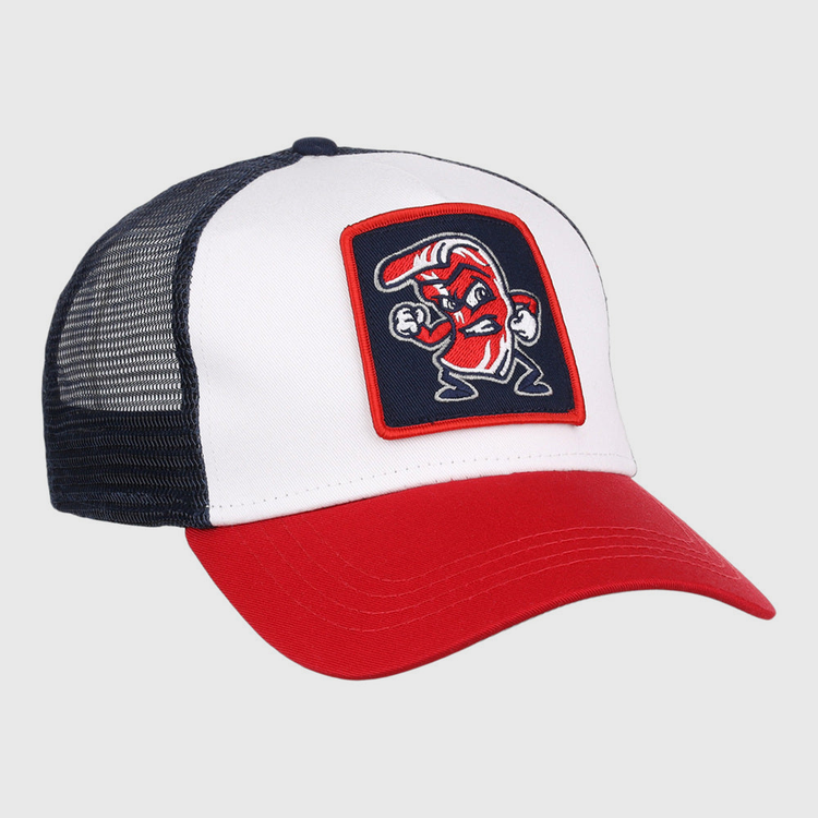 The Ebbets Field Lehigh Valley Ironpigs MiLB Trucker Ballcap features a white front, red brim, black mesh back, and a patch with a cartoon boxing bacon strip in red, white, and blue.