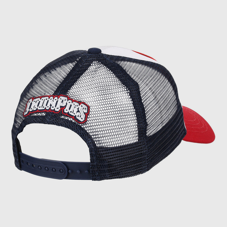 The Ebbets Field Lehigh Valley Ironpigs MiLB Trucker Ballcap features a red bill, navy mesh back, adjustable snap closure, and John Pors embroidered in white with a red outline on the back.