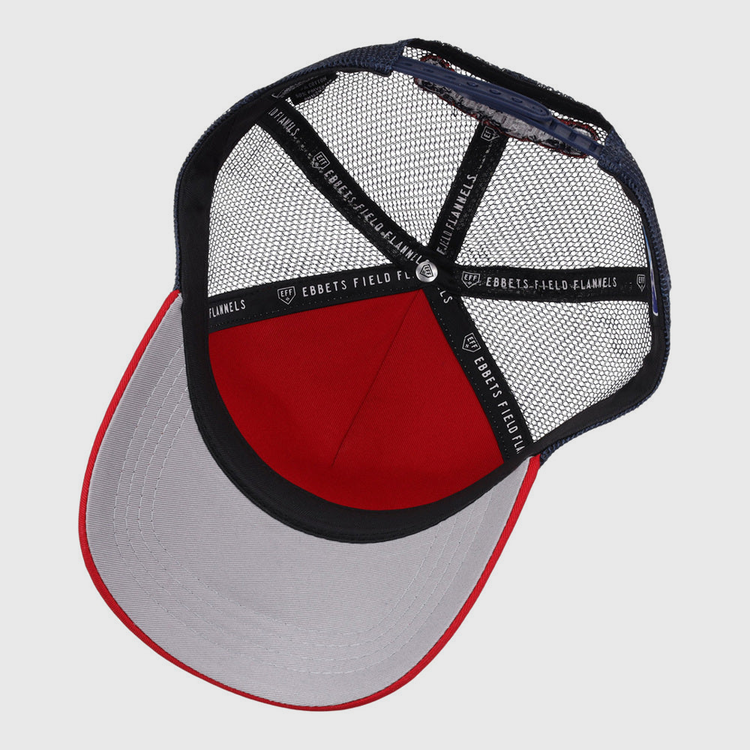 Inside view of the Lehigh Valley Ironpigs MiLB Trucker Ballcap by Ebbets Field, featuring a gray brim, red underside, and black mesh panels with Ebbets Field branding on the inner band.