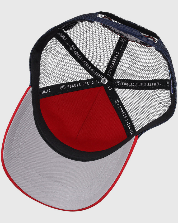 Inside view of the Lehigh Valley Ironpigs MiLB Trucker Ballcap by Ebbets Field, featuring a gray brim, red underside, and black mesh panels with Ebbets Field branding on the inner band.