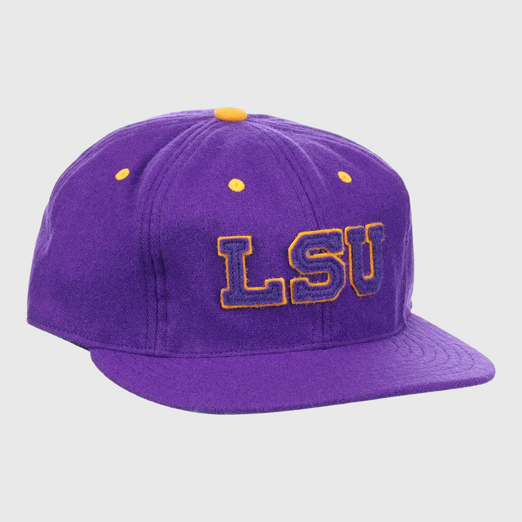 The EFF Louisiana State University Vintage Ballcap features a purple design with a yellow button and eyelets, plus bold yellow-outlined LSU embroidery—perfect for LSU Tigers and college sports fans.