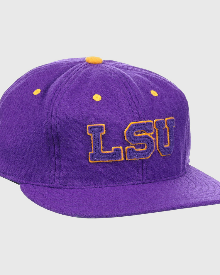 The EFF Louisiana State University Vintage Ballcap features a purple design with a yellow button and eyelets, plus bold yellow-outlined LSU embroidery—perfect for LSU Tigers and college sports fans.
