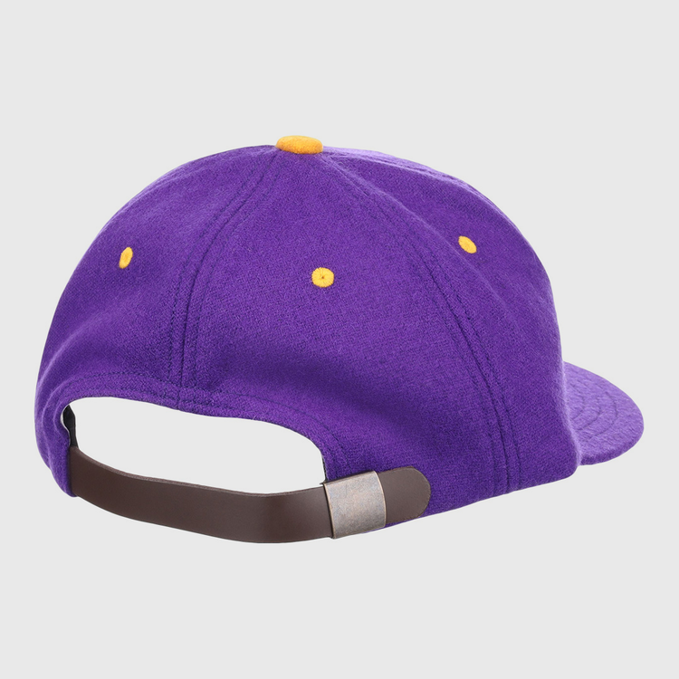 The EFF Louisiana State University Vintage Ballcap in purple features yellow stitched eyelets and top button, plus an adjustable brown strap with metallic clasp—ideal for LSU Tigers collectors and college sports fans.