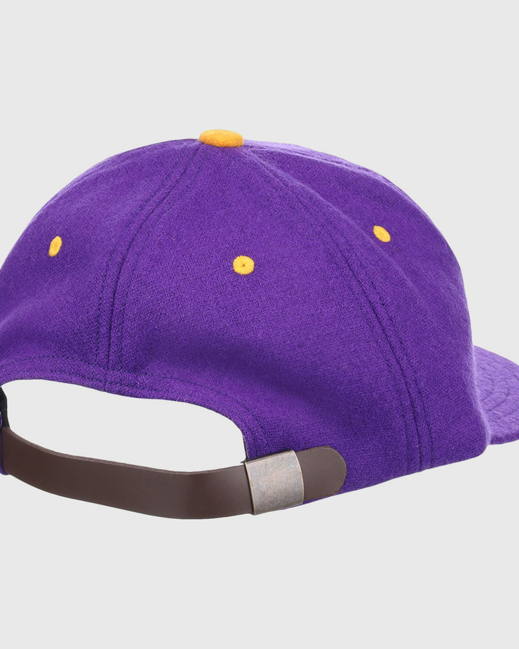 The EFF Louisiana State University Vintage Ballcap in purple features yellow stitched eyelets and top button, plus an adjustable brown strap with metallic clasp—ideal for LSU Tigers collectors and college sports fans.