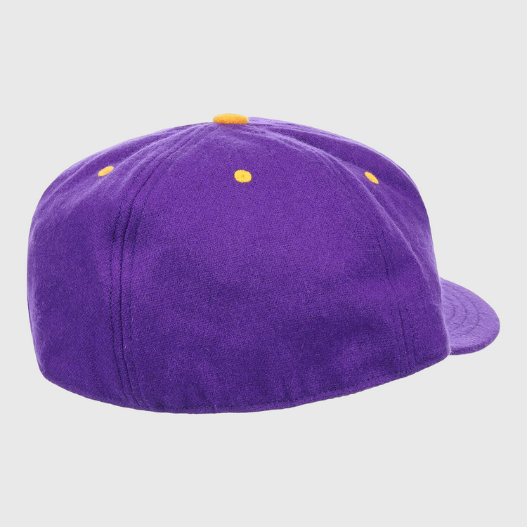 The EFF Louisiana State University Vintage Ballcap features a purple design with small yellow ventilation holes and a matching top button—an ideal addition to any LSU Tigers hat collection.