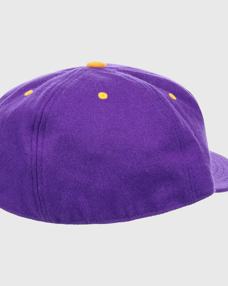 The EFF Louisiana State University Vintage Ballcap features a purple design with small yellow ventilation holes and a matching top button—an ideal addition to any LSU Tigers hat collection.