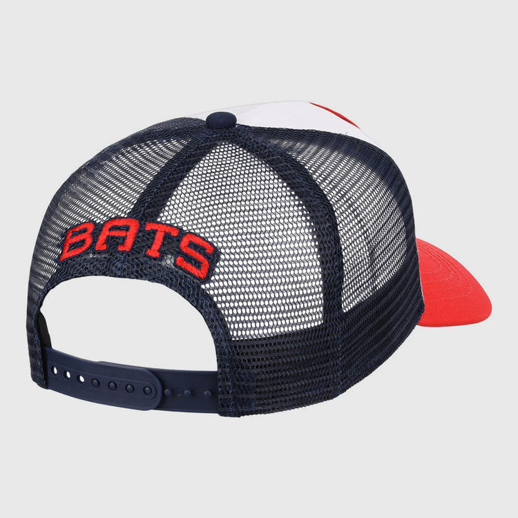 The Ebbets Field Louisville Bats MiLB Trucker Ballcap features a mesh back, navy blue adjustable strap, white front panel, red bill, and 