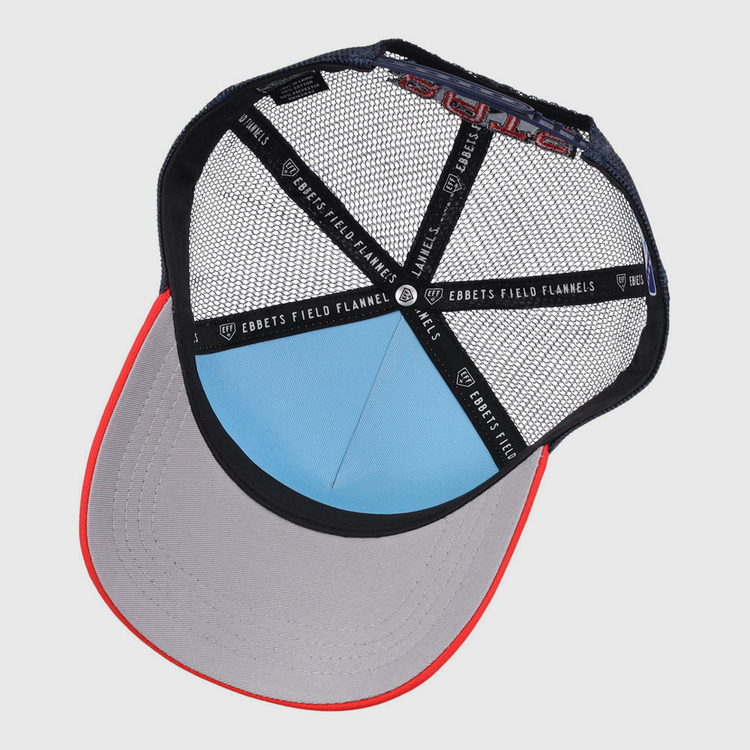 Inside view of the Louisville Bats MiLB Trucker Ballcap by Ebbets Field, featuring black mesh panels, blue interior front, gray brim underside with red edge, and branded taping reading EBBETS FIELD FLANNELS.