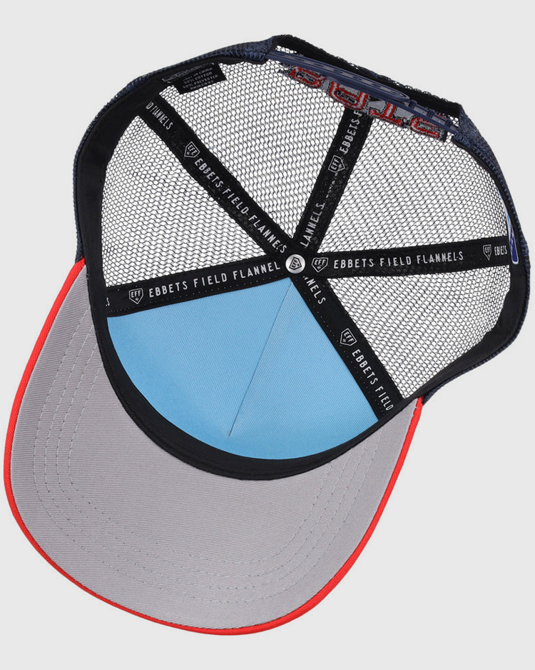 Inside view of the Louisville Bats MiLB Trucker Ballcap by Ebbets Field, featuring black mesh panels, blue interior front, gray brim underside with red edge, and branded taping reading EBBETS FIELD FLANNELS.