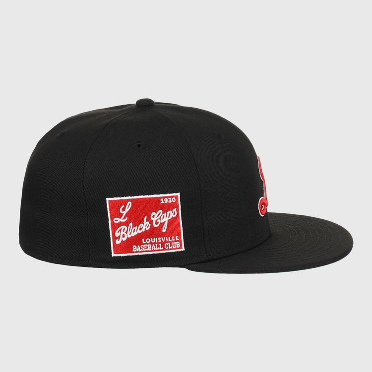 Show your support for the Louisville Black Caps with the EFF Louisville Black Caps NLB Team Color Fitted Ballcap, a black flat-brim cap featuring a red embroidered logo and a 1930 patch in red and white on the side.