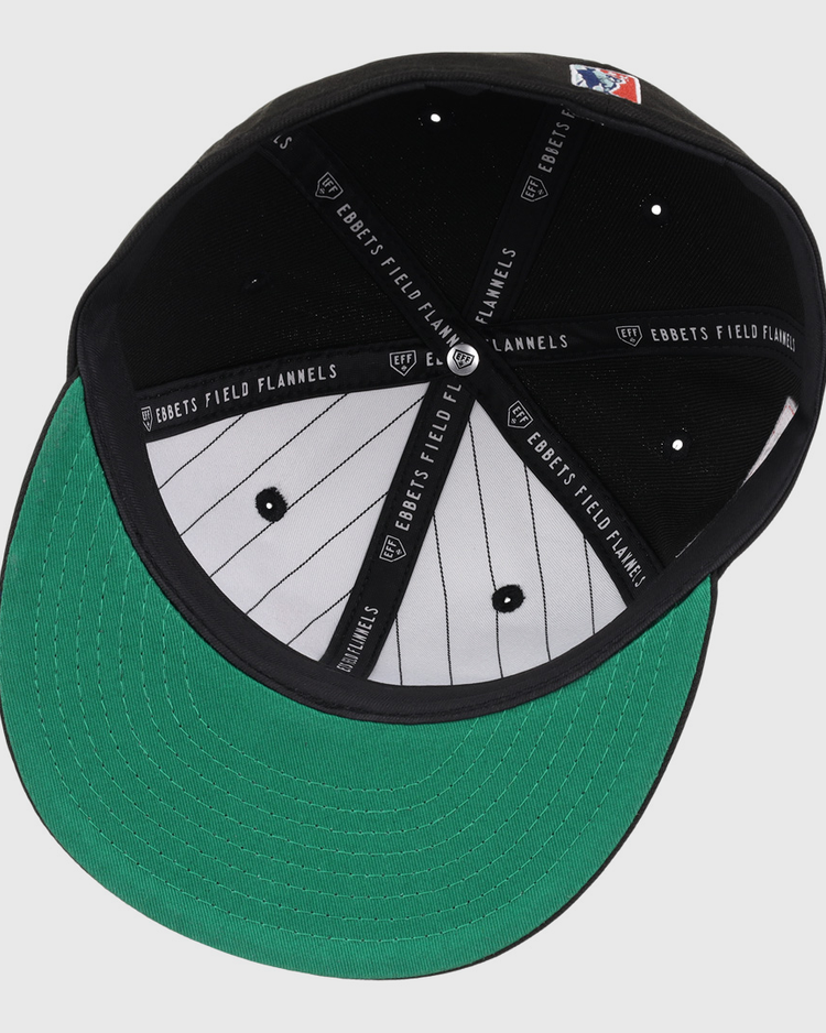 The EFF Louisville Black Caps NLB Team Color Fitted Ballcap features a green underbrim, striped white interior, black EFF-branded band, and MLB patch, celebrating the legacy of the Louisville Black Caps and the Negro National League.