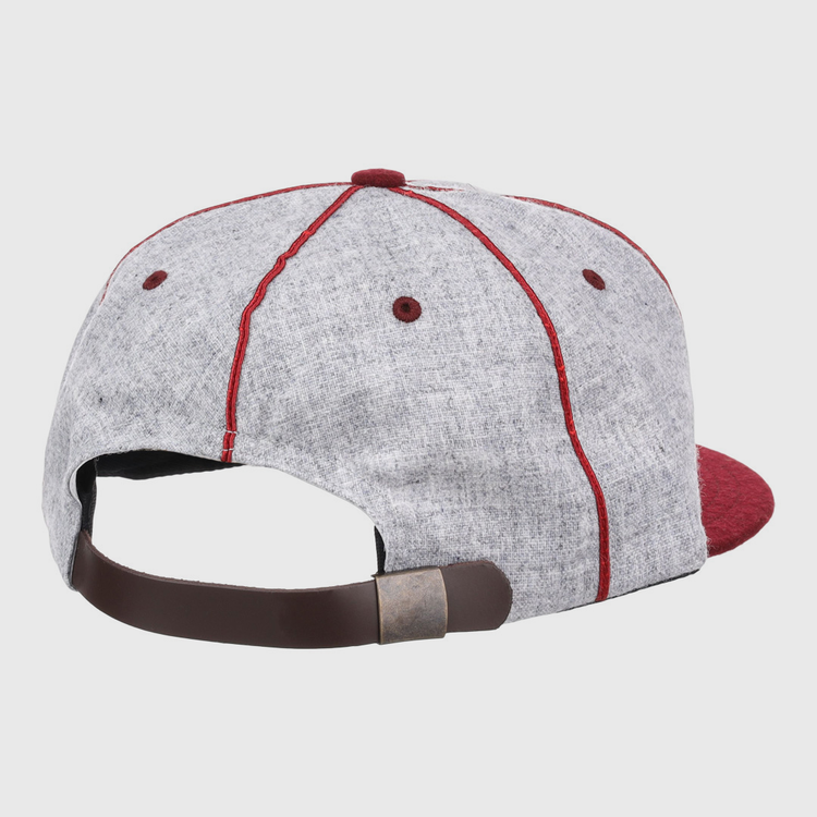 The EFF Loyola Marymount University 1939 Vintage Ballcap features a gray body, red stitching, red brim, and brown adjustable strap with metallic clasp, shown from the back in classic retro style.