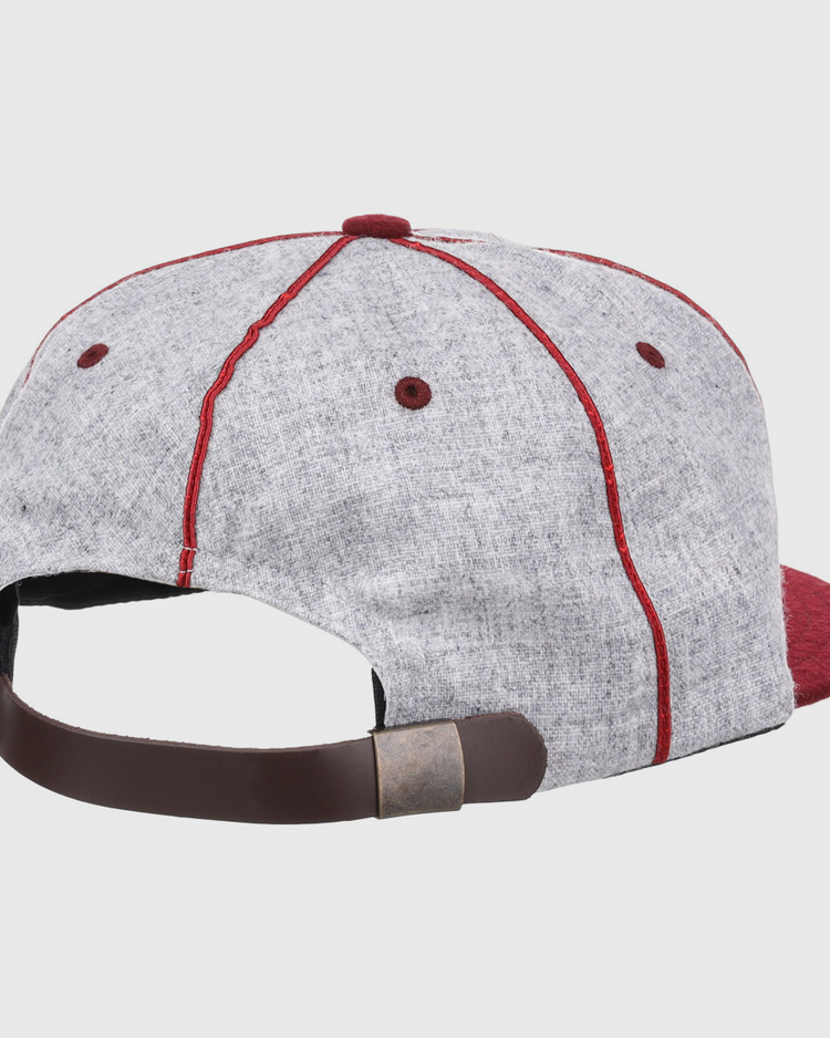 The EFF Loyola Marymount University 1939 Vintage Ballcap features a gray body, red stitching, red brim, and brown adjustable strap with metallic clasp, shown from the back in classic retro style.