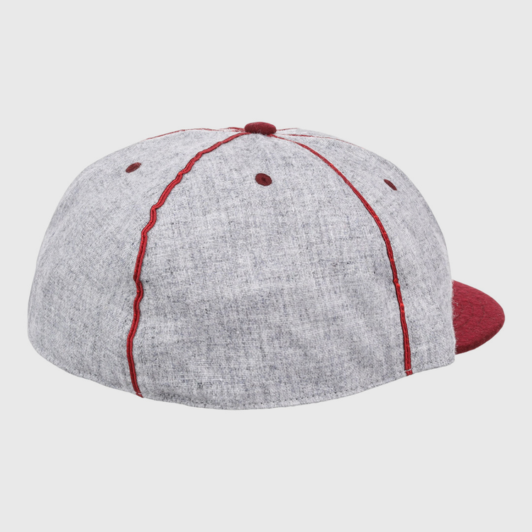 The EFF Loyola Marymount University 1939 Vintage Ballcap is a grey hat with bold red accents—stitching, eyelets, top button, and brim—shown from the back and side.