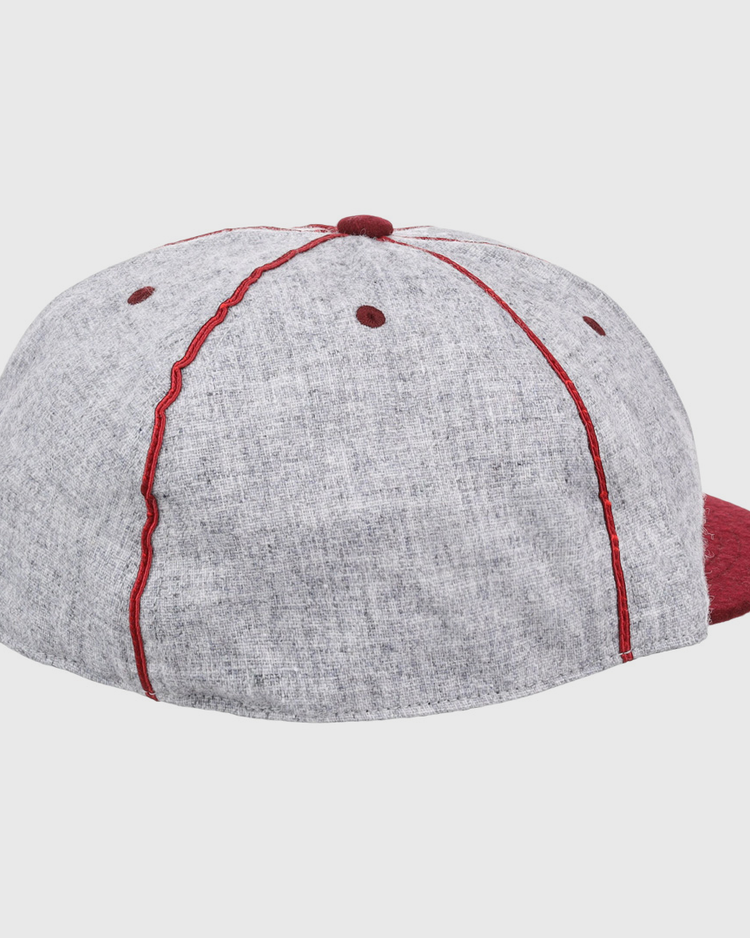 The EFF Loyola Marymount University 1939 Vintage Ballcap is a grey hat with bold red accents—stitching, eyelets, top button, and brim—shown from the back and side.