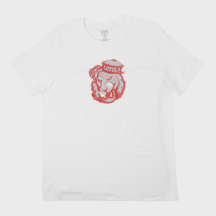 EFF Loyola Marymount University T-Shirt—white, with a red outline lion in a sailor hat labeled LOYOLA on the front center; a standout premium unisex tee.