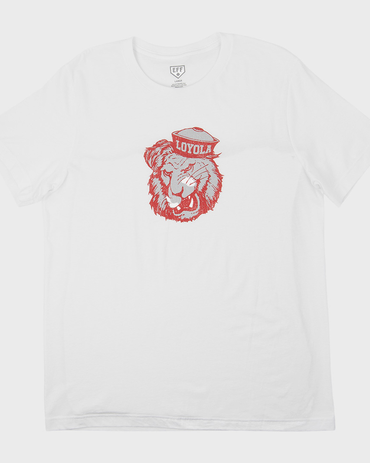 EFF Loyola Marymount University T-Shirt—white, with a red outline lion in a sailor hat labeled LOYOLA on the front center; a standout premium unisex tee.