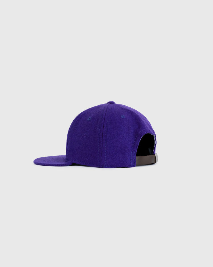 The EFF Louisiana State University 1957 Authentic Wool Ballcap is a purple flat-brim cap with an adjustable strap, shown on a light gray background—a perfect vintage-inspired piece for LSU fans.