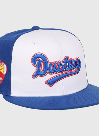 The EFF McAllen Dusters Lone Star Fitted Ballcap features blue and white panels, blue and red McAllen Dusters script embroidery, a winged baseball patch on the side, and a blue brim for classic league style.