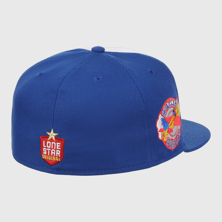 The EFF McAllen Dusters Lone Star Fitted Ballcap features a blue design, plane patch, and a red shield with Lone Star Original—a perfect collectible for fans of the McAllen Dusters or the Lone Star League.