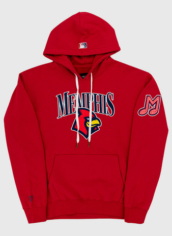 The Ebbets Field Memphis Red Birds MiLB Cotton Hooded Sweatshirt features a large cardinal logo and MEMPHIS text on the chest, an M patch on the left sleeve, front pocket, white drawstrings, and a small MLB logo on the hood.