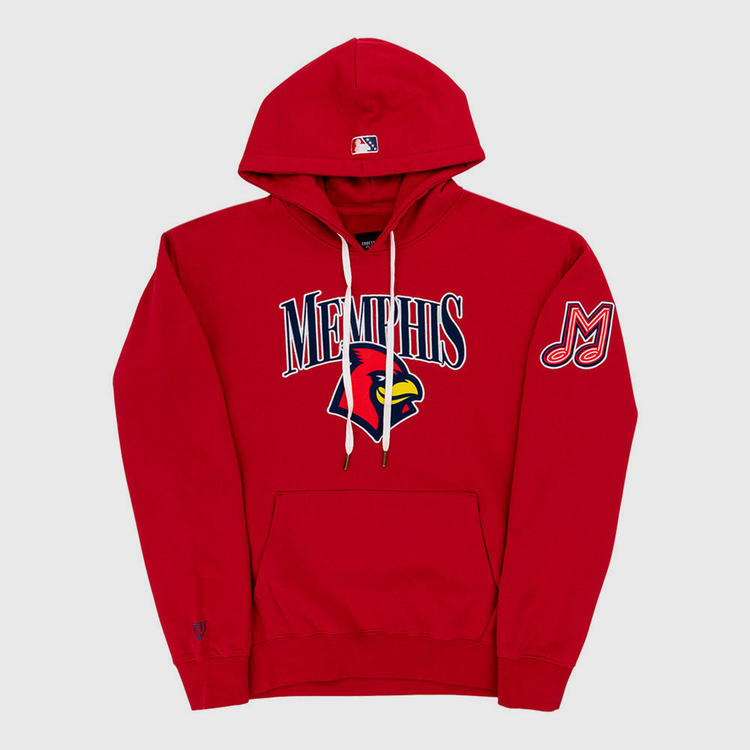 The Ebbets Field Memphis Red Birds MiLB Cotton Hooded Sweatshirt features a large cardinal logo and MEMPHIS text on the chest, an M patch on the left sleeve, front pocket, white drawstrings, and a small MLB logo on the hood.