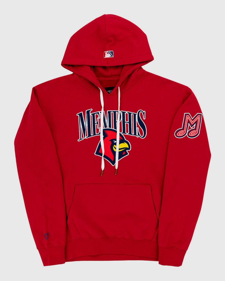 The Ebbets Field Memphis Red Birds MiLB Cotton Hooded Sweatshirt features a large cardinal logo and MEMPHIS text on the chest, an M patch on the left sleeve, front pocket, white drawstrings, and a small MLB logo on the hood.