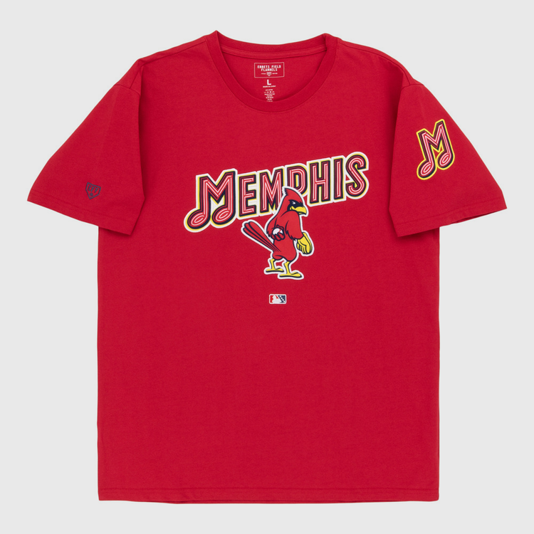 The Ebbets Field Memphis Red Birds MiLB Fashion Cotton Short Sleeve Tee is a red T-shirt with 