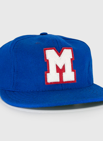 The EFF Memphis Red Sox 1944 Vintage Ballcap is a royal blue wool cap with a white, red-outlined M front, celebrating the Negro American League teams legacy.