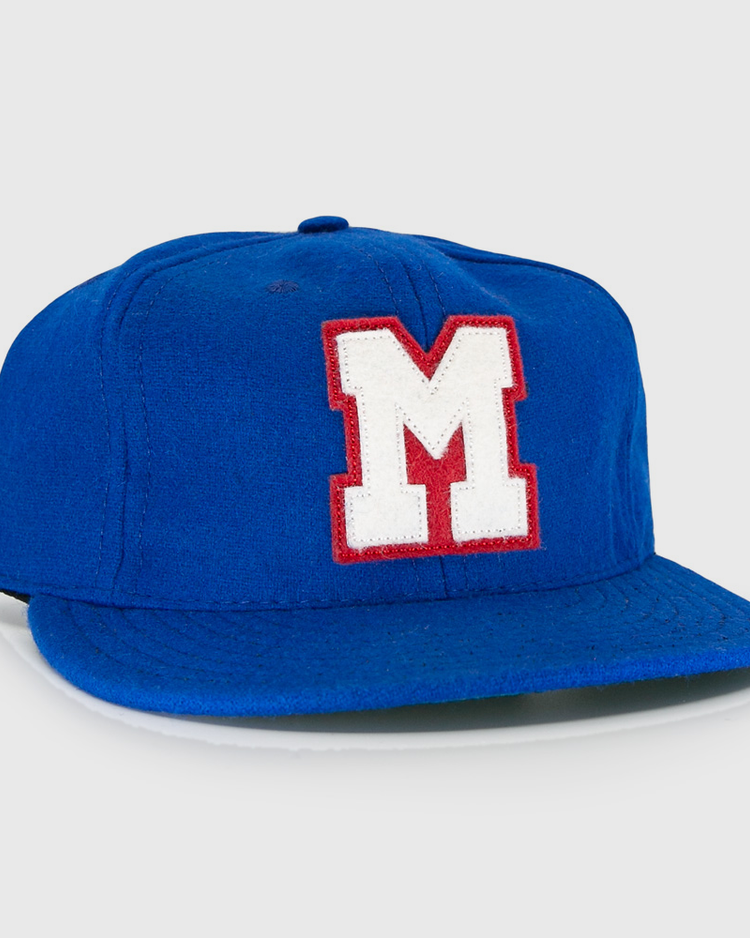 The EFF Memphis Red Sox 1944 Vintage Ballcap is a royal blue wool cap with a white, red-outlined M front, celebrating the Negro American League teams legacy.