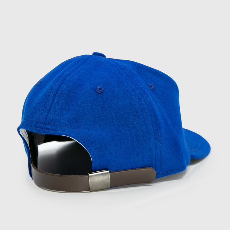 The EFF Memphis Red Sox 1944 Vintage Ballcap is a blue wool cap shown from the back, featuring a brown adjustable strap with a silver buckle, curved brim, visible stitching, and classic styling.