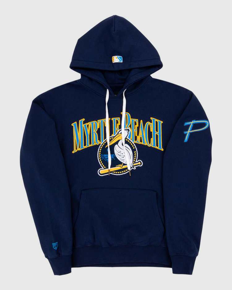 The Ebbets Field Myrtle Beach Pelicans MiLB Cotton Hooded Sweatshirt features 