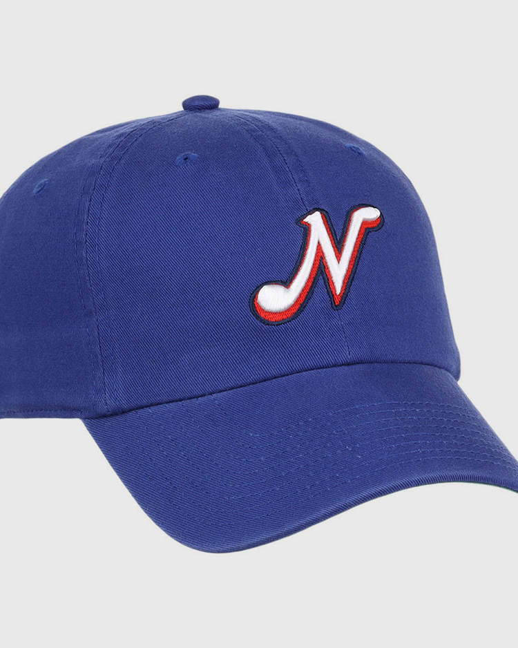 The Ebbets Field Nashville Sounds MiLB Dad Ballcap is a royal blue cap with a white and red stylized 