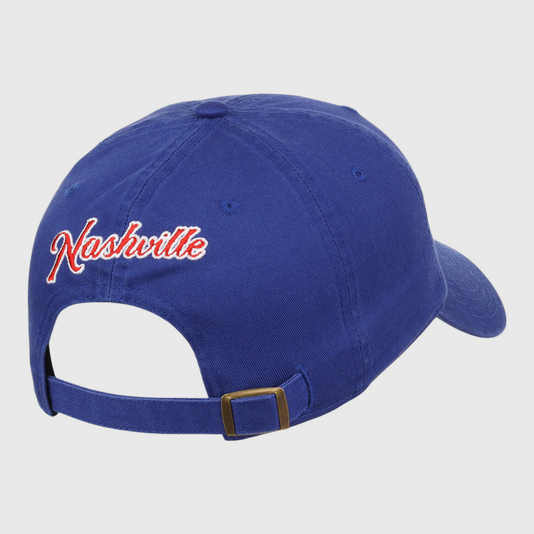The Nashville Sounds MiLB Dad Ballcap by Ebbets Field is a blue baseball cap with an adjustable strap and 