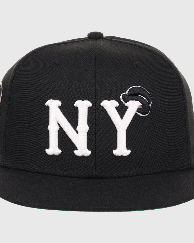 The EFF New York Black Yankees NLB Flip Fitted Ballcap features large white NY letters on the front and a small black and white patch above the Y, inspired by the historic team.