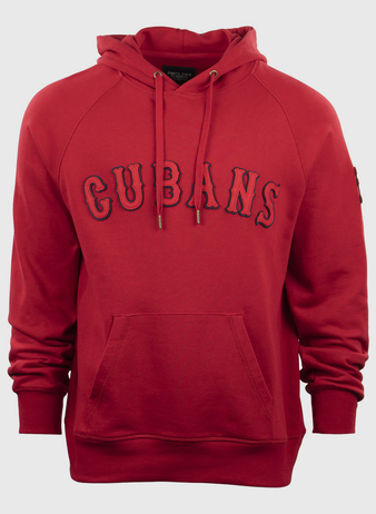 The EFF New York Cubans French Terry Script Hooded Sweatshirt features a red design with a front pocket and “CUBANS” boldly embroidered across the chest, honoring the legendary Negro National League baseball team.