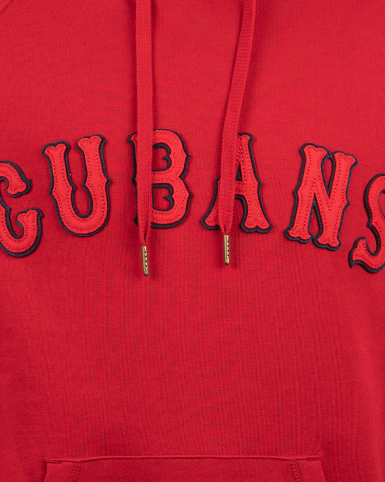 A close-up of the EFF New York Cubans French Terry Script Hooded Sweatshirt, featuring bold CUBANS lettering across the chest that honors the historic Negro National League team, with two drawstrings hanging down the front.