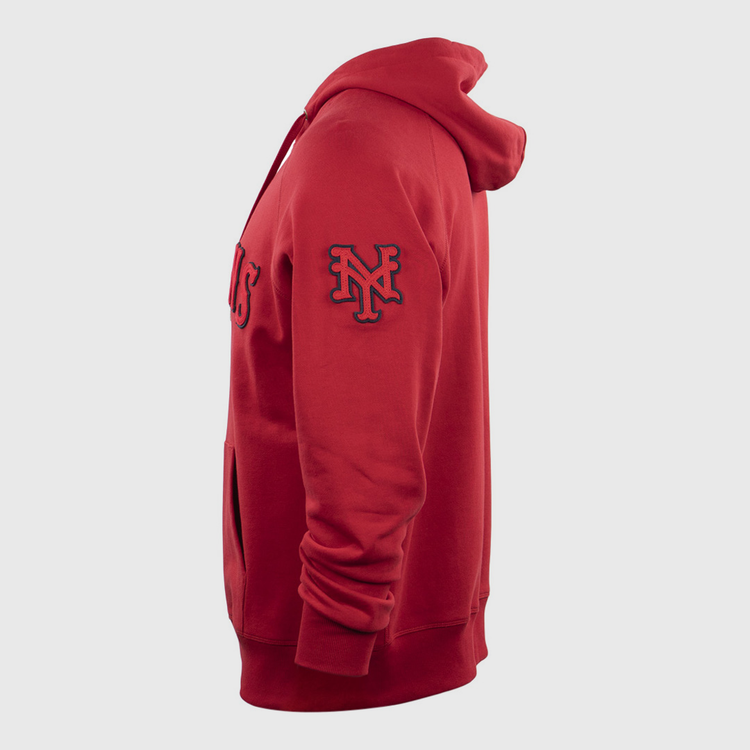 The EFF New York Cubans French Terry Script Hooded Sweatshirt is red with a front pocket, NY patch on the left sleeve, and partial Negro National League-inspired text on the chest. Shown from a side view.