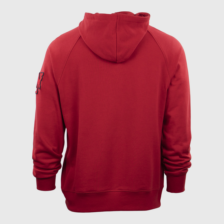 The EFF New York Cubans French Terry Script Hooded Sweatshirt is a plain red hoodie with long sleeves, ribbed cuffs, and a hood, featuring an embroidered nod to the legendary Negro National League team on the upper left sleeve.