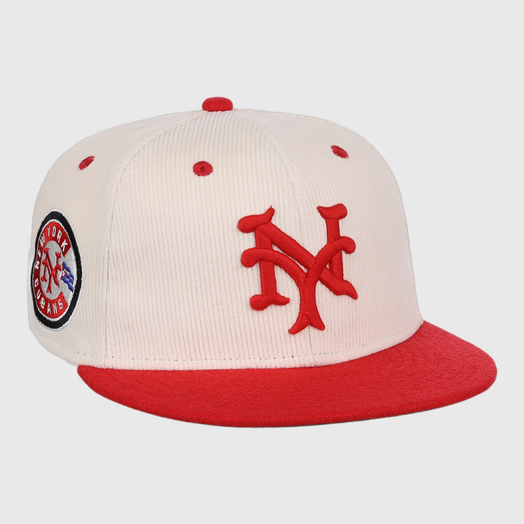 The EFF New York Cubans NLB Ground Rule Double Fitted Ballcap is a cream cap with a red brim, 3D NY embroidery, and a circular New York Cubans patch, inspired by Negro National League style.